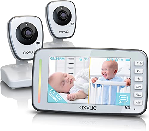 Axvue HD Video Baby Monitor, 720P HD Image Quality, 5.0" IPS Screen Monitor & 2 Camera, Range up to 1000ft, 24 Hour Battery Life, 2-Way Talk, Split Screen, Night Vision, Temperature Monitor, No WiFi.