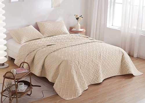 Image of HOMEKART 100% Microfiber Ultrasonic 280 Tc Solid King Size Quilted Bed Cover /Bedsheet with 2 Pillow Covers, (Luxurious, Beige 90X100 Inches, 254X228 Cm)