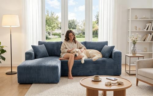 Image of 108 inch Modular Sectional Sofa, L-Shaped Cloud Couch with Deep Seats & Chaise, Convertible Corduroy Boneless Couches for Living Room, Bedroom, No Need Assembly - Blue(Left Facing Chaise)