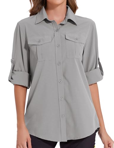 Tuopuda Blusa de Manga Larga para Mujer con Cuello en V Suelta Camisa de Secado Rápido con Bolsillos,UPF 50+Protección UV Informal Top Deportivo para Safari,Camping,Viajes(Gris,XL)