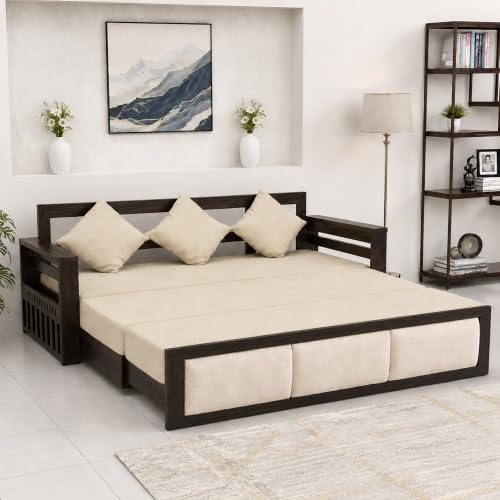 Image of SONA ART & CRAFTS Zeus Sheesham Wood 3 Seater Sofa Cum Bed | Wooden 3 Seater Sofa for Living Room Wooden Furniture Sofa Bed for Home (Walnut Finish)