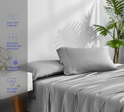 Image of ACCURATEX Cooling Sheets Split King Size Grey - Viscose Made from Bamboo, Luxury Hotel Sheet Set for Adjustable Bed, Super Soft Breathable Bedding Sheets up to 16 inches Deep Pockect