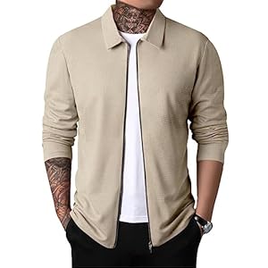 PICKLION Men Casual Cardigan Sweaters Laydown Collar Zipper Closure Solid Color Long Sleeve Waffle Jackets