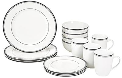 Amazon Basics 16-Piece Cafe Stripe Kitchen Dinnerware Set, Plates, Bowls, Mugs, Service for 4, Black