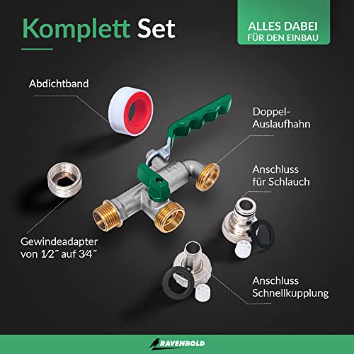 RAVENBOLD Universal Wasserhahn Garten 1/2 Zoll [+ 3/4 Zoll Adapter] - frostsicherer Doppel Garten Wasserhahn aussen - für Bewässerungssystem und Regentonne - Gartenwasserhahn mit Kugelauslaufventil