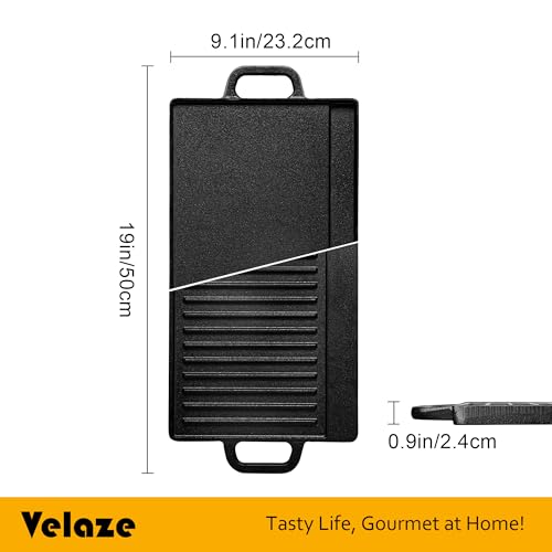 Velaze Cast Iron Griddle Pan with Handles, BBQ Griddle pan Double Sided Pre-Seasoned, for Gas Grill and Electric Grill, Grill Pan for BBQ, Camping, Garden - 50 x 23cm