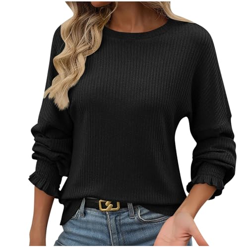 Womens Long Sleeve Ribbed Knit Tops Casual Loose Fit Crewneck Pullover Shirts Fall Fashion Clothing Outfits Black