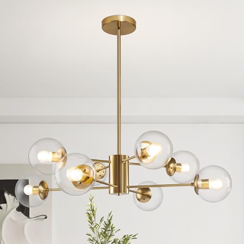 Bagood 8-Light Globe Sputnik Chandelier Modern Gold Sputnik Chandelier Mid Century Globe Pendant Light Brushed Brass Finished with Clear Glass Lampshade Chandeliers for Kitchen Bedroom