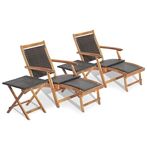 Tangkula Patio Lounge Chair and Side Table Set of 2, Acacia Wood Wicker Folding Table and