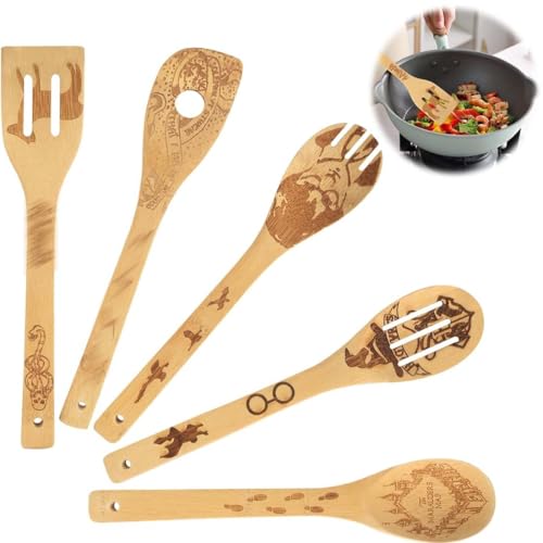 5 Piezas Cucharas de madera Magic Harry, regalos para cocinar, juego de accesorios de utensilios de cocina grabados, decoración de cocina, regalo de cocina perfecto para el día de la madre, hornear
