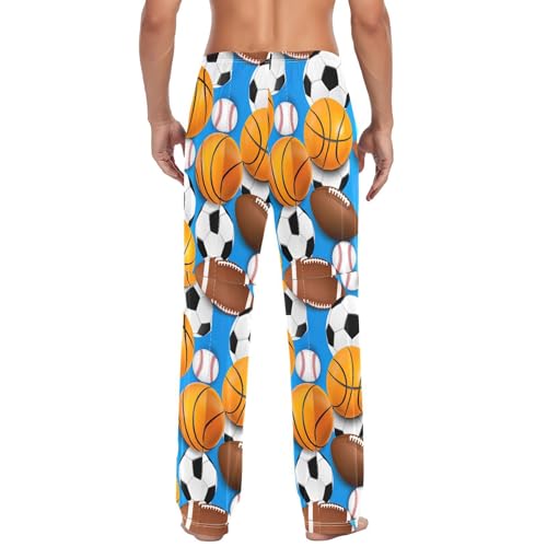 Custom Sports Balls Footballs Blue Cartoon Men's Pajama Pants 100% Cotton Men's Sleep Bottoms Drawstring S3