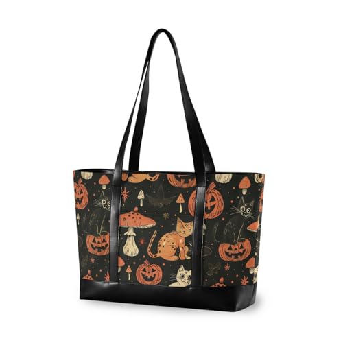 KLL Halloween Cats Pumpkins Mushrooms Bold Linework Style Sturdy large laptop tote bag with zipper work totes Large Handbag for travel with cartera para laptop de mujer