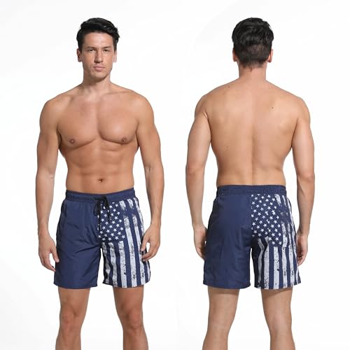 Image of Men's Swim Trunks with Compresssion Liner 7 inch Swimwear Board Shorts 2-in-1 Bathing Suits with Zipper Pockets