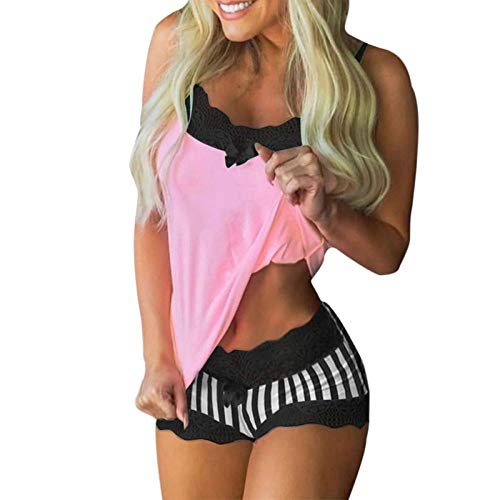 LIMILI Juego de pijama de encaje con correa sin mangas con lazo sin mangas, juego de pantalones cortos para dormir, pijama de encaje, ropa de dormir para mujer, noches sexys 4_S, 4, S