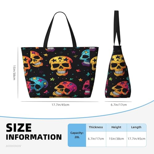 Colorful Skull Beach Bags For Women, Skull Stars Large Waterproof Tote Bag Sandproof Pool Bag Handbag For Travel Work Gym4
