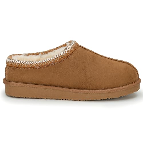 Polar Women’s Faux Suede Shearling Lined Slippers - Warm Memory Foam Indoor Outdoor Slip-On House Shoes with Aztec Trim - Non-Slip Sole for Winter Cosy Comfort - Chestnut - UK 6