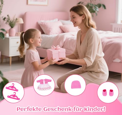 WanderGo Baby Puppen Puppenkleidung 35-43 cm, 6-teiliges Outfit mit Rosa Strickjacke + Rock mit Blumenmuster + Socken + Mützen + 2 Kleiderbügel, Babypuppe Kleidung für 14-18 Zoll Puppen(Ohne Puppe)