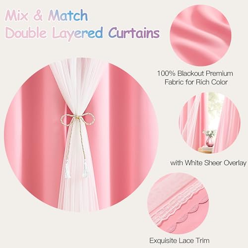 Image of XiDi Double Layer Curtains with Sheer Overlay for Girls Kids Bedroom 96 Inches Long Pink Blackout Curtains Princess Nursery Thermal Insulated Room Darkening Grommet Drapes Lace Hem 2 Panels W52xL96