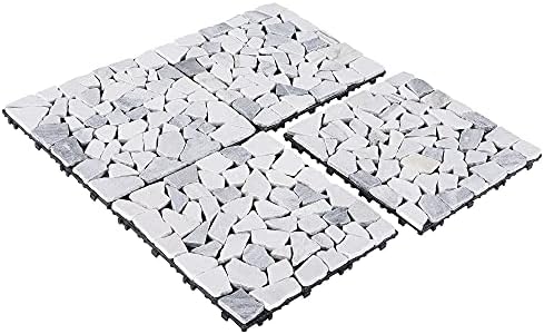 PURE ERA Natural Real Stone Interlocking Floor Deck Tiles Indoor Outdoor Use 12"x12" (4Pcs, 4 sq. Ft, Sliced Grey and White)- Great Upgrade to Patio Backyard Pathway
