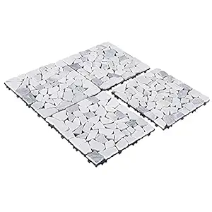 PURE ERA Marble Pebble Deck Patio Floor Tiles (4-Sheets) 12x12 Interlocking Indoor and Outdoor Use Tile Natural Stones Quick and Easy Installation 4 sq. ft (4, Sliced Grey and White)
