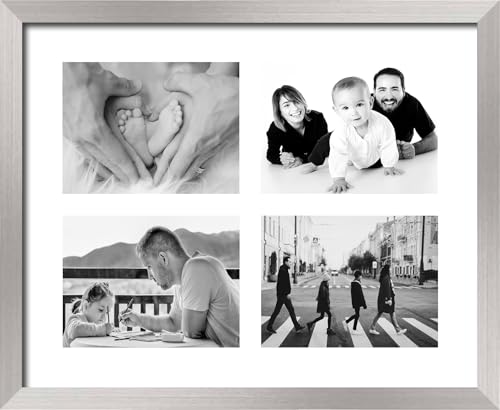 Genérico Marco Plata múltiple con paspartú para collage de 4 fotos de 15x20 centímetros (Marco Plata Paspartú Blanco)