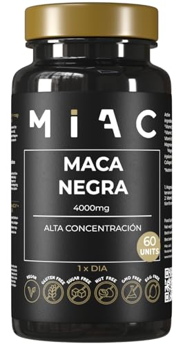 MIAC Maca Negra Pura. 60 Cápsulas 4000mg. Maca Andina. Aumento Energía, Fuerza, Rendimiento y Concentración. Sin Gluten y Vegano