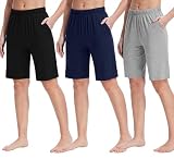 MoFiz Mujer Pantalones Cortos de Pijama Suave Verano Shorts hasta la Rodilla de Estar por Casa Dormir con Bolsillos 3 Pack-A Negro/Gris Claro/Azul Marino M