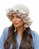 Eilova Orityle Women Crochet Bucket Hat Cute Winter Ruffled Brim Floppy Cap Handmade Knit Cloche Hats Stretchy Boho Beanie Skull Caps Beige