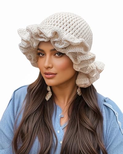 Image of Women Crochet Bucket Hat Cute Winter Ruffled Brim Floppy Cap Handmade Knit Cloche Hats