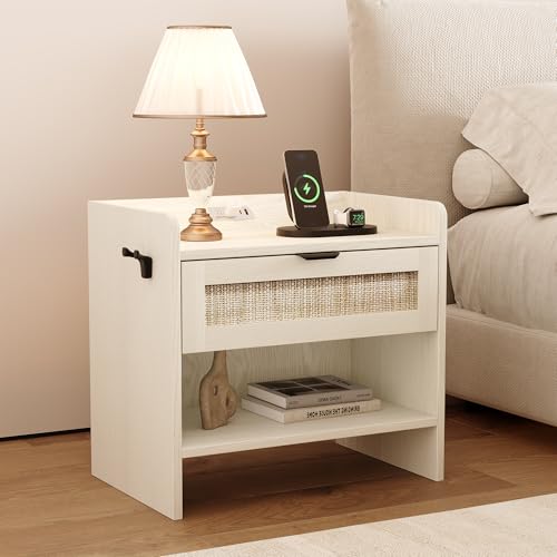Rattan Nightstand, Bedside Table, Night Stand with Type-C Charging Station, 1 Storage Drawer and Open Storage Space, with Hook Included, Suitable for