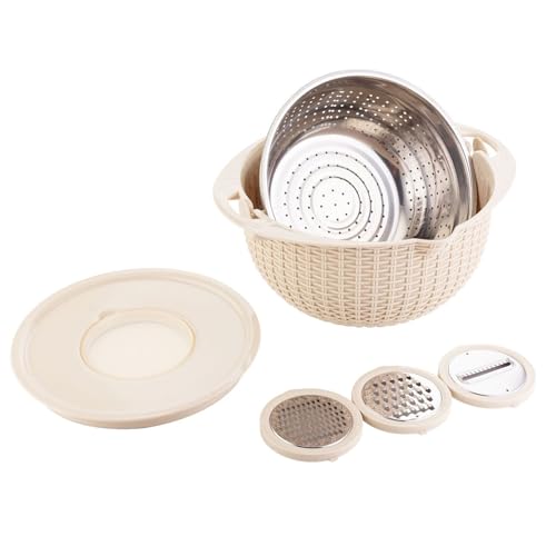 SANWOOD 4 in 1 Colander with Mixing Bowl Set, Multifunctional Stainless Steel Food Strainers and Colanders, Pasta Strainer, Fruit Cleaner, Food Slicer for Kitchen (Beige)