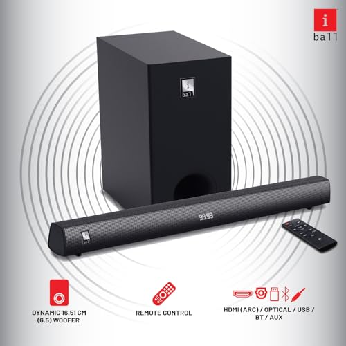 Image of iball Cinebar-160 High Power TV Sound Bar with Digital LED Display, 6.5 inch Wired Subwoofer, 120W RMS, Bluetooth Wireless, Optical, HDMI (ARC), 3.5mm Aux-in, USB Input, Remote Control, Wall Mountable -