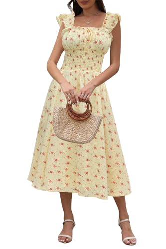 Image of Women's 2026 Spring Summer Floral Midi Dresses Square Neck Smocked Waist Beach Wedding Guest Long Flowy A Line Sundress