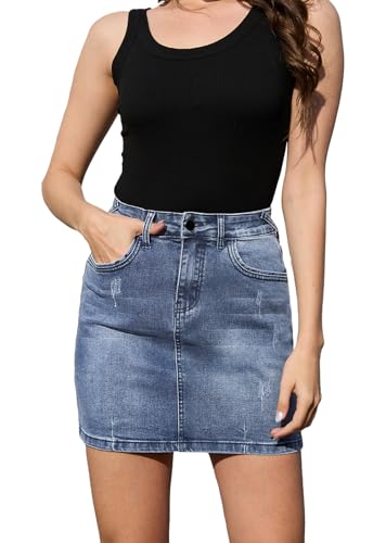 Alaster Queen Womens Denim Mini Skirt Stretchy High Waist Bodycon Short Jean Skirts for Women with Pockets Blue M