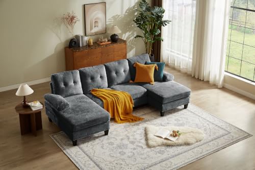 Pingliang Home 105" Sectional Sofa Couch, U Shape Sofas 4 Seat Couches with Double Chaise and Armrest for Living Room, Modern Polyester Velvet Fiber, Dark Grey