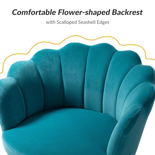 Image of HULALA HOME Modern Velvet Accent Chair with Shell Shaped Back, Cute Living Room Bedroom Armchair Sofa Chair with Gold Legs, Comfy Upholstered Vanity Chair for Makeup Room, Blue