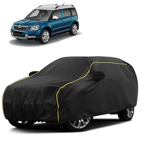 Image of Sulfar 100% Water Resistant Car Body Cover Compatible with Mirror for Skoda Yeti (Triple Stitched, Full Bottom Elastic, Black Taffeta with Yellow Piping)