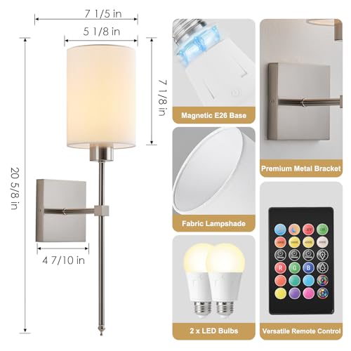 Image of KARTOOSH Battery Operated Wall Sconce Set of Two, Wireless Rechargeable Wall Light with Remote Control, Dimmable, 4 Color Temperatures, RGB, Timer, for Living Room,Bedroom,Entryway, Nickel, 20.6 Inch