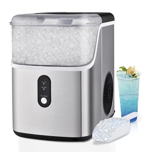 Pellet Nugget Ice Maker CounterTop, 34Lbs/24H Solf Chewable Ice, Auto Self Cleaning, Crunchy Pebble Ice Cubes Maker Machine, Portable Compact Design for RV/Home/Kitchen/Office