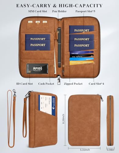 Family Passport Holder Wallet RFID Travel Document Organizer for Women Men, Portable Case Cover for Cards, Boarding Pass with Wrist/Neck Strap, Airtag Pocket, Travel Essentials Gifts -Light Brown, 1pc3