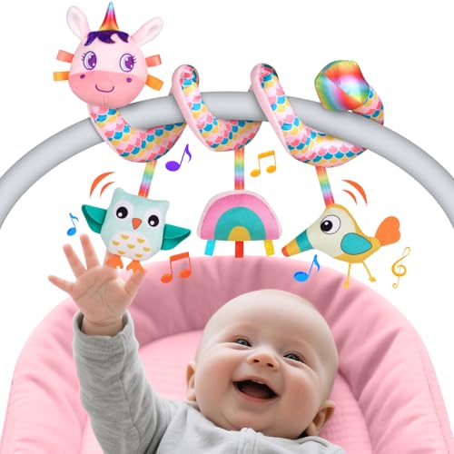 Image of FPVERA Car Seat Toys for Babies 0-6 Months, Spiral Hanging Stroller Toys | Soft Plush Crib Sensory Rattle Toys for Infants 0-12 Months as Newborn Baby Girl Shower Gifts - Pink Unicorn