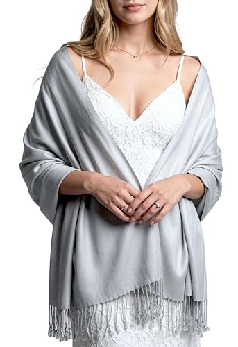 Achillea Soft Silky Pashmina Scarf for Women – Shawl Wrap for Evening Dresses, Bridesmaids, Weddings & Everyday Wear (Silver Grey)