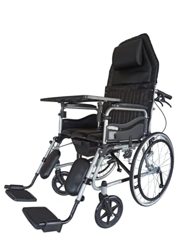 Image of Karma Hydraulic Recliner Cum Commode - Ryder 8 wheelchair | Foldable | Wheelchairs for old people | With Premium U-Cut Seat and 3 D Headset| With Table | Detachable Armrest