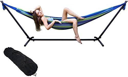 CozyBox Hammock with Stand Premium Cotton Two Person Hammock with Space Saving Steel Stand Hammock Stand Portable Carrying Bag Included for Hammock Stand Outdoor Indoor Hammock Stand for Room
