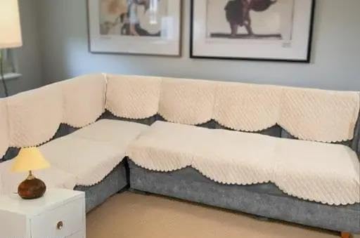 Image of Blush and Bloom 7 Seater L Shape Self Design Velvet Quilted Sofa Cover and Chair Cover, Seat and Back Cover (Cream 1)