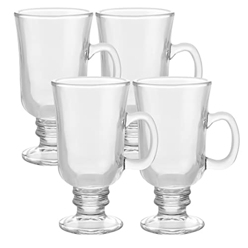 Glass Irish Coffee Mugs 4 Pack 8oz Clear Glass Coffee Cups Handle Footed Stem Base The