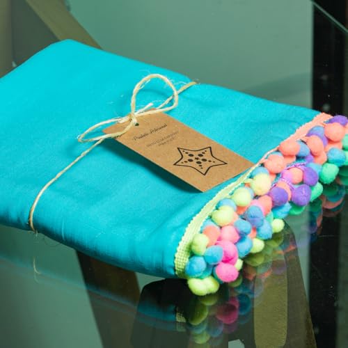 Marujá Beach Saída de Praia Azul Turquesa em Viscolinho com Pompom Colorido Pareô Canga de Praia Vis