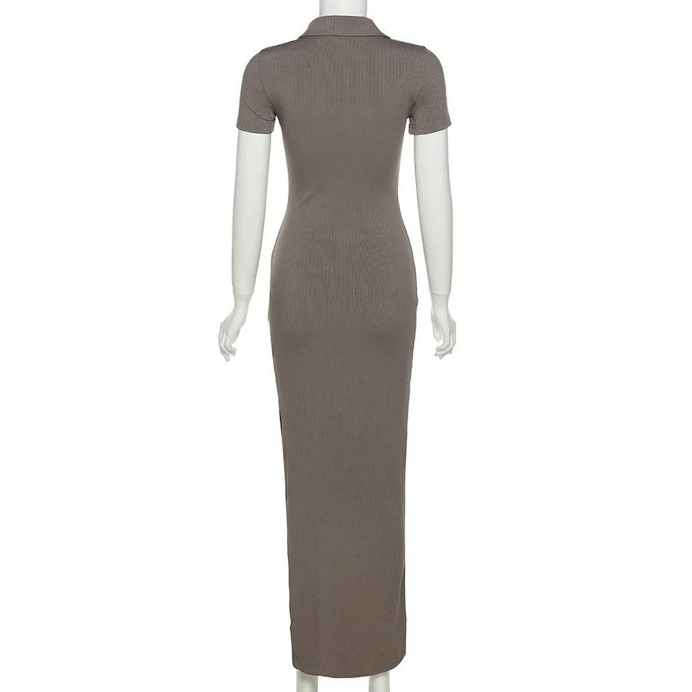 DYRBF Abito lungo aderente da donna con colletto a polo a mezza zip e bottoni a costine con spacco laterale a maniche corte
