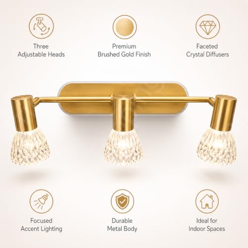 Image of TRIPPING 12W 3-in-1 LED Wall Lamp with 3 Adjustable Heads, Gold Metal Body and Crystal Shades, Warm White, Natural White & White Focus Light for Dressing Table, Mirror and Accent Walls, 50 x 15 x 7 cm