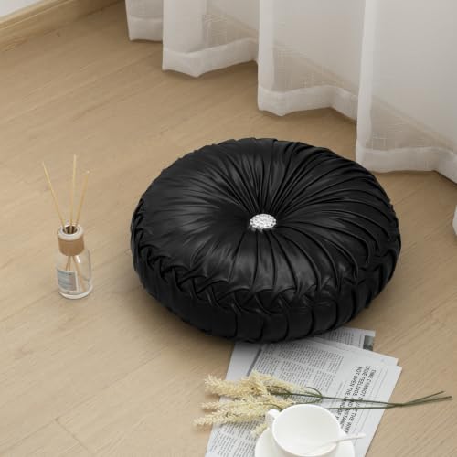 Image of HIG Set of 2 Black Metallic Leather Decorative Round Pleated Throw Pillows